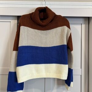 Lumiere Colorblock Turtleneck Sweater - Brown, Blue, Cream